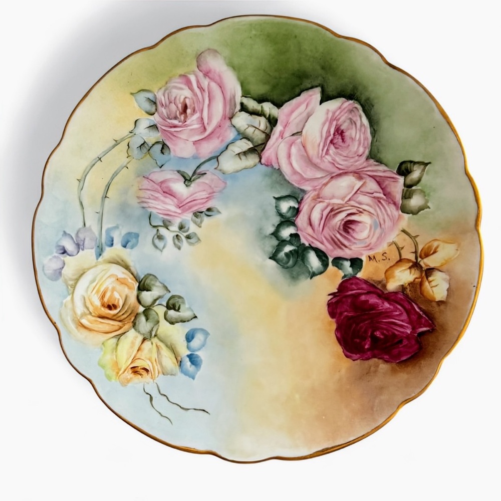 Large Antique Bavarian Hand Painted Floral Porcelain Plate